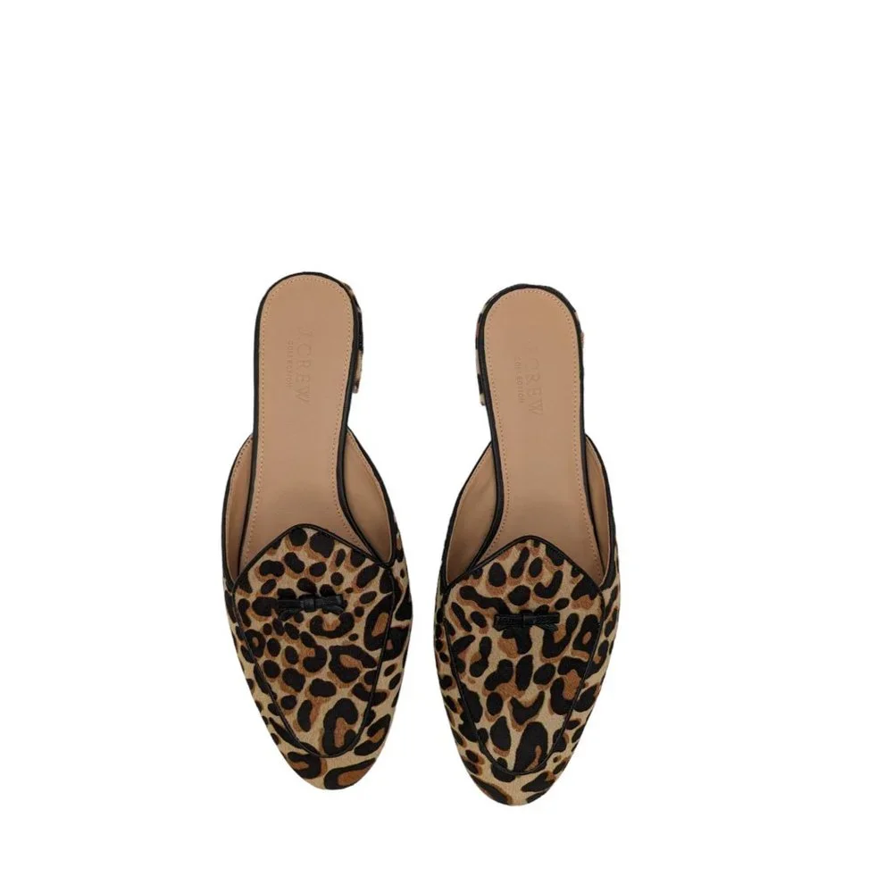 J.Crew Collection Piped Loafer Mules Calf Hair Leopard Print Size 8.5 - Picture 2 of 10